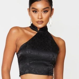 Black Satin High Neck Asymmetric Crop Top